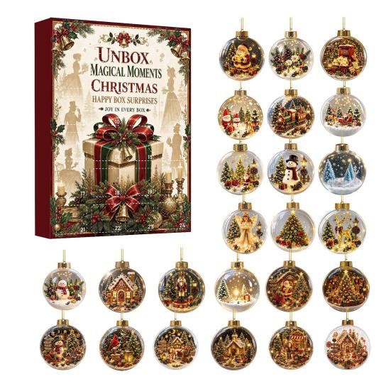 Winter Holiday Party Favors Christmas Advent Calendar, Acrylic 2D Flat Crystal Ball Pendants with Lanyard, Atmosphere Decorations 24 Day Tree Hanging