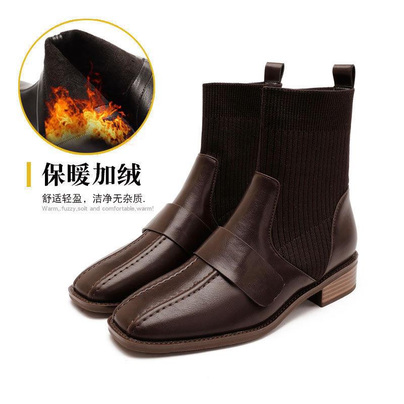 Elastic Socks Boots Knitted Short Boots 2025 New Autumn and Winter Retro Brown Low-heeled Medium Boots Square Head Thick Heel Thin Boots