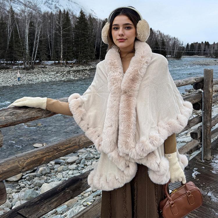 Women Double‑Layer Faux Fur Trim Poncho Shawl Winter Warm Open Front Cape Outerwear