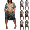 Letní nadměrné velikosti V výstřih krátký rukáv ke kolenům kapsa potisk ležérní šaty pro ženy