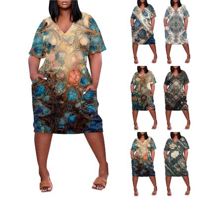Robe d'été grande taille col V manches courtes genou poche imprimé décontractée pour femmes