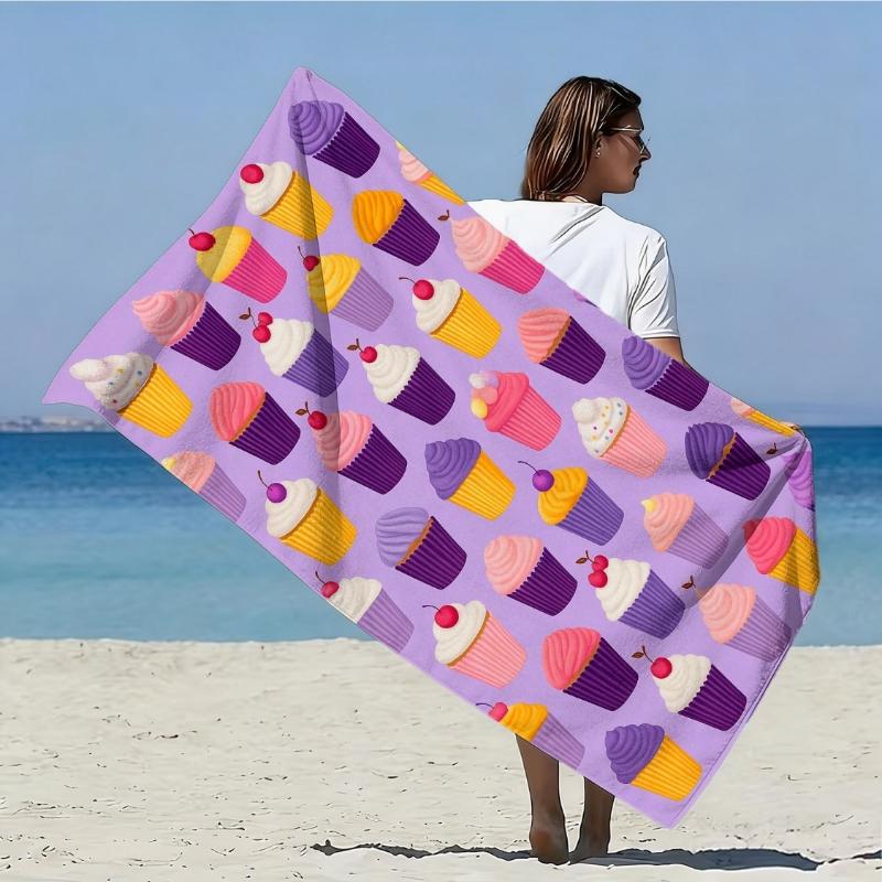 

Cartoon Cupcake Style Oversized Soft Beach Towel,Colorful Cake Print Pattern,Microfiber Bath Towel,Quick-Drying,Super Absorbent W30*H60(CM)