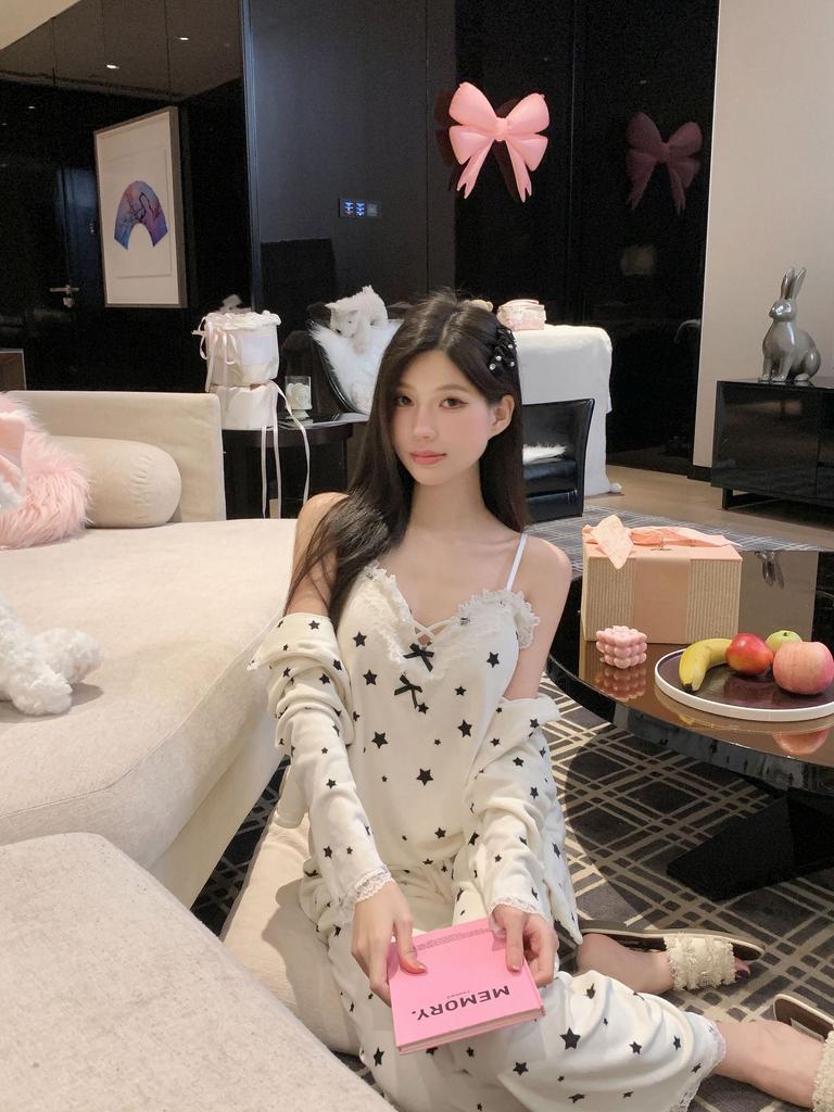Island velvet sexy pajamas women's 1011 new loungewear three-piece set double-sided velvet warm autumn and winter Korean pajamas