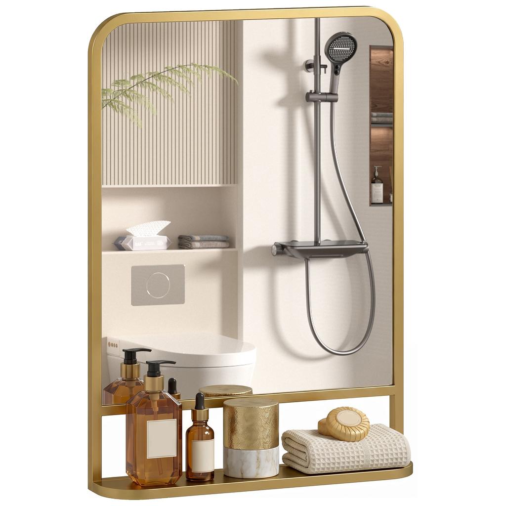 Modern Rectangular Wall Mirror with Storage Shelf, 70 x 50 cm, Gold Tone