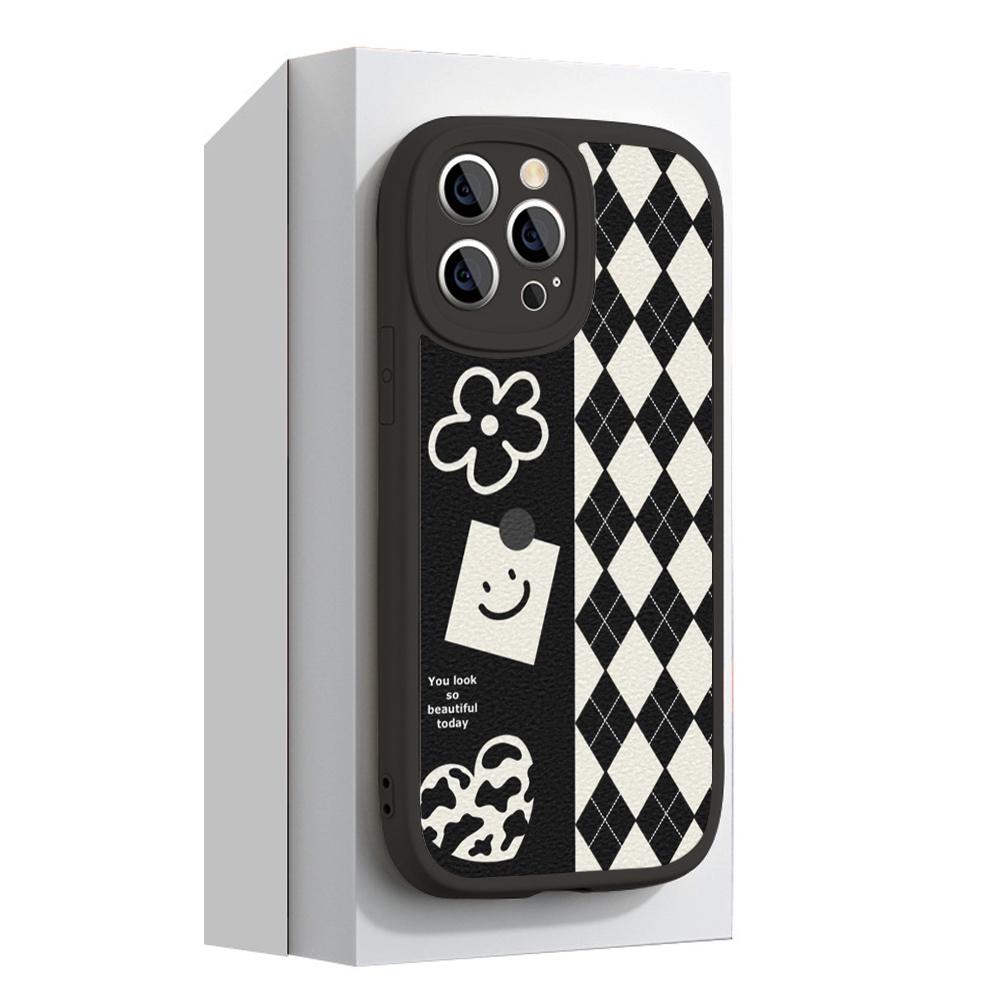 Custodia per telefono Smiley a quadri bianchi e neri per Iphone 14 13 11 12 Pro MAX 13 12 MiNi 7 8plus 14 13 11 PRO X XS 12 11 XR Coperture in pelle di agnello