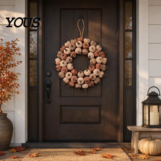Velvet Pumpkin Garland Wreath Door Hanger, Fall Thanksgiving Garland, Rustic Vintage Decoration Autumn Harvest Decor for Entryway Window, Farmhouse