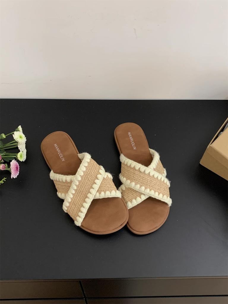 Ethnic Style Woven Cross-strapped Open-toed Flat-bottomed Slippers for Women's Summer Wear Bohemian Seaside Vacation Beach Sandals