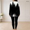 Women Plus Size Two Piece Pants Set Half Zip Long Sleeve Black White Printed Longline Top Fitted Pants