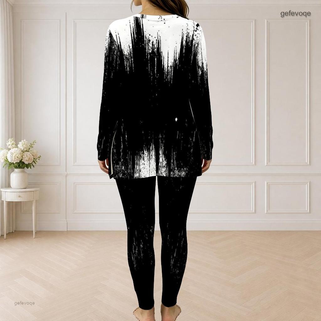 Women Plus Size Two Piece Pants Set Half Zip Long Sleeve Black White Printed Longline Top Fitted Pants
