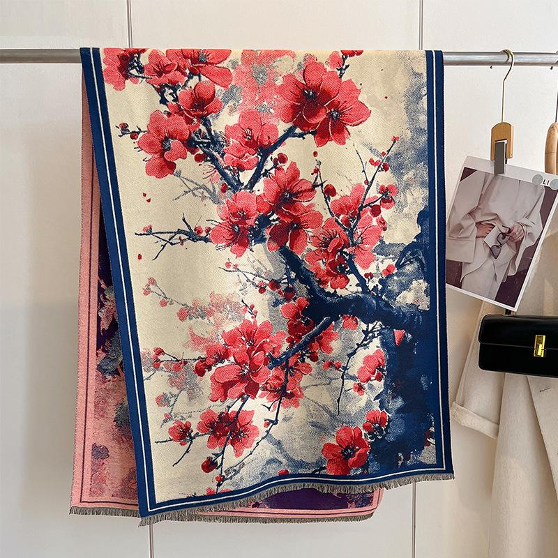 Autumn And Winter National Style Plants And Flowers Landscape Painting Elegant Women Warm Scarf Fashion Retro Shawl