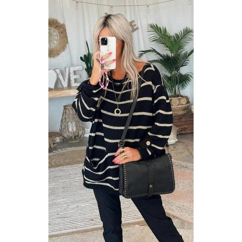 Loose Fit Round Neck Long Sleeve Striped Color Block Pullover Sweater For Women