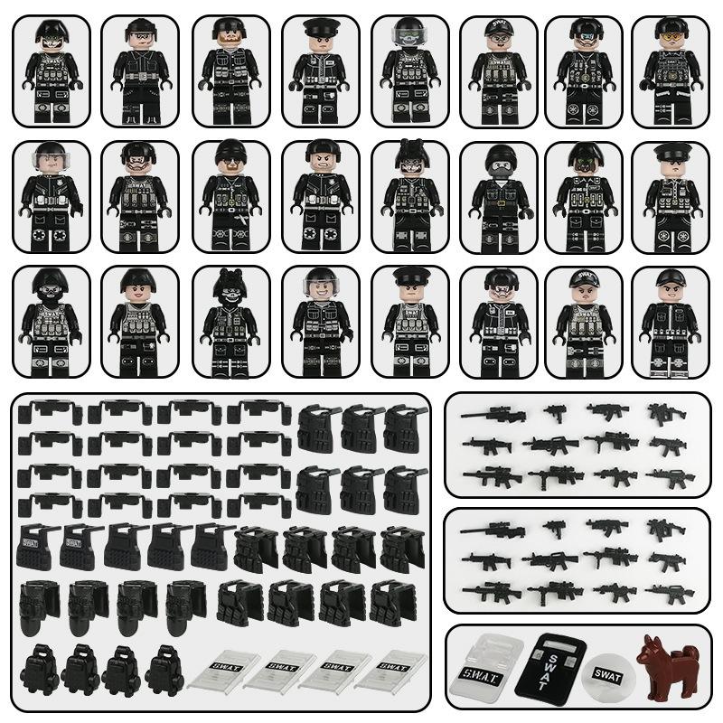 24 Building Block Minifigures Black Swat Special Forces Riot Military Scene Boy Toy Pyp