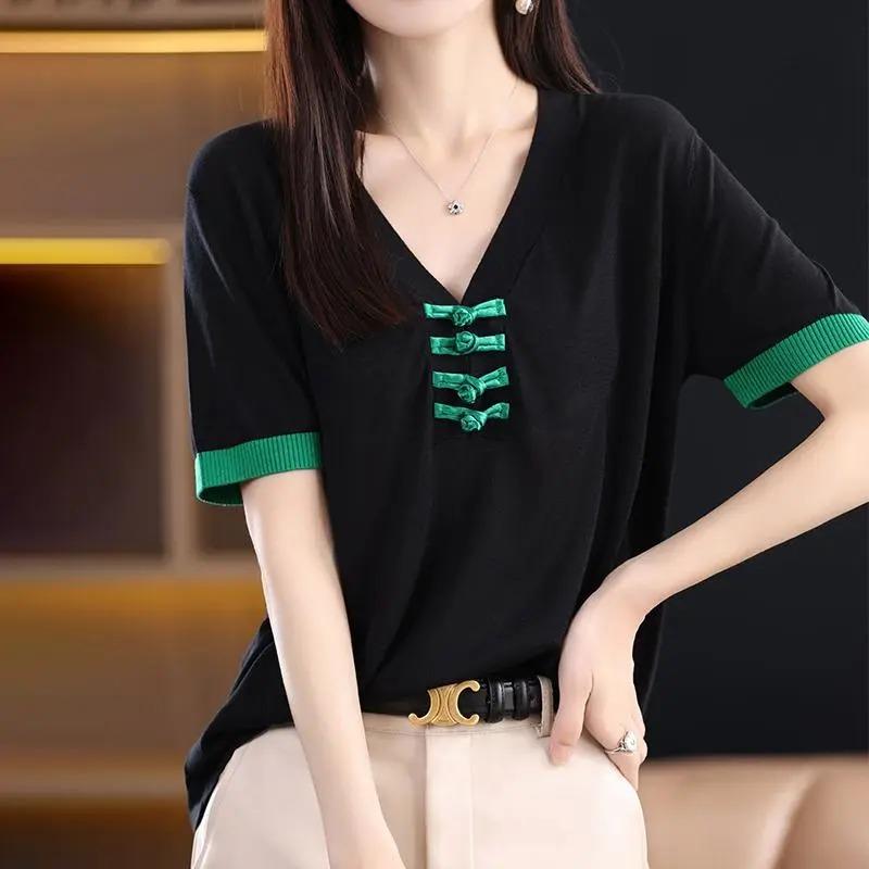 Women's Spring Summer Chinese Style V-neck Knit Short Sleeve Top Casual T-shirt