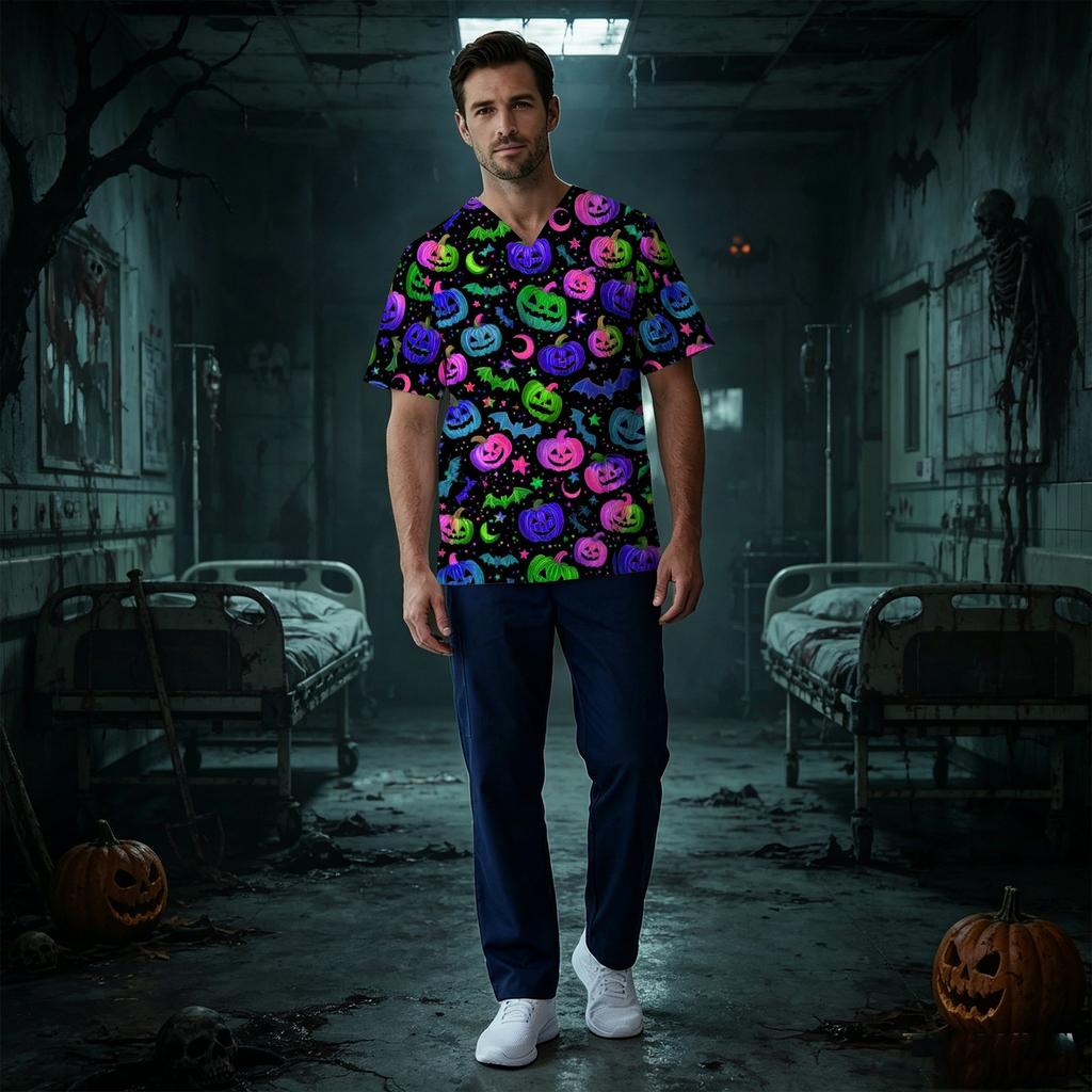 Haut d'uniforme médical à manches courtes et col en V avec imprimé Halloween et poche pour professionnels de la santé