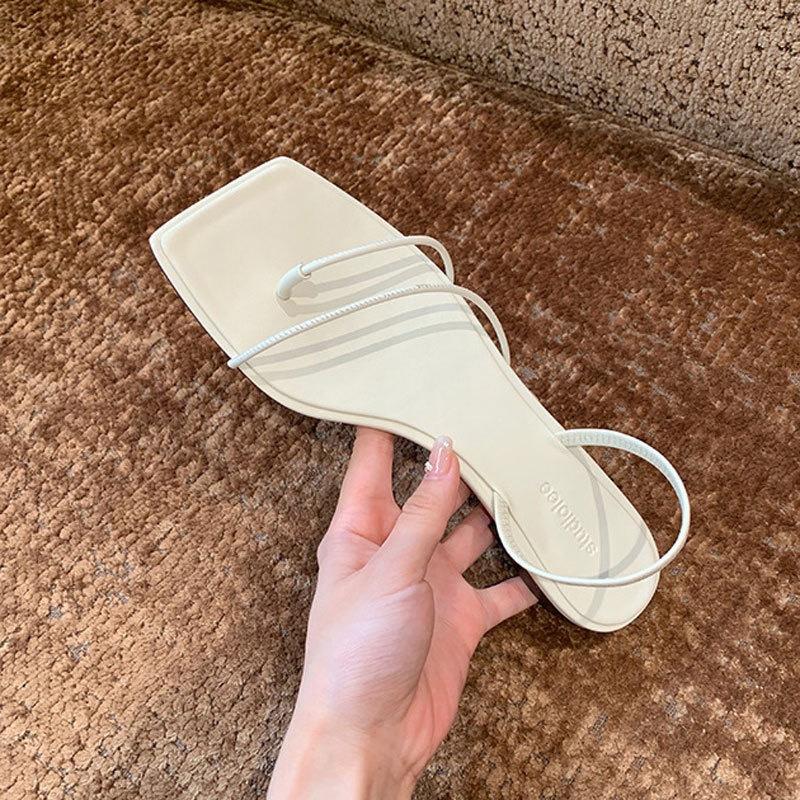 Cowhide version~ fairy style leather pinch flat Roman sandals women's summer open-toed French small heel cool slippers