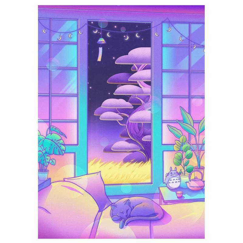 80s Vaporwave Style Wall Art Poster City Night Street Cat Canvas Painting Print Home Decoration Kawaii Room Decor Canvas Picture