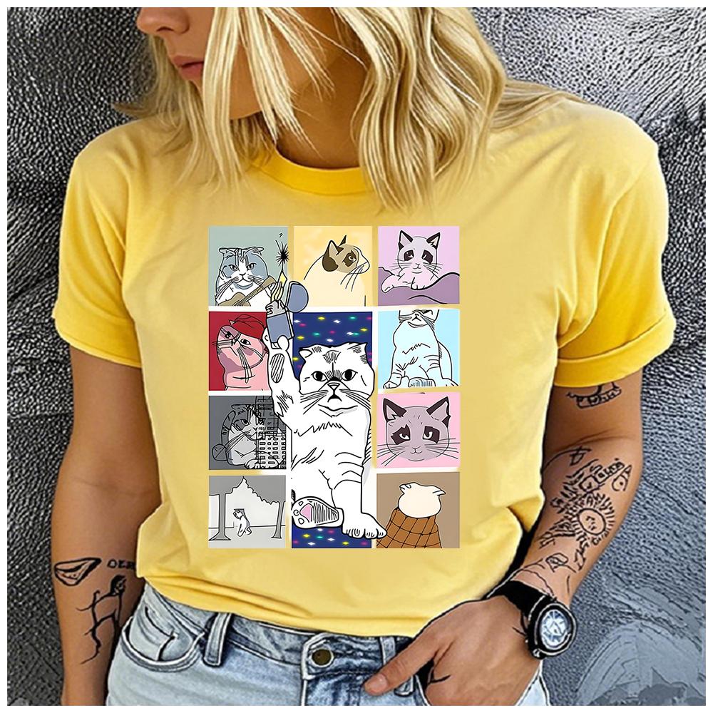 men and Women's Polyester 100%Cat gathering Print T-shirt Loose round Neck Casual Short Sleeve Fashion Top Clothing Summer