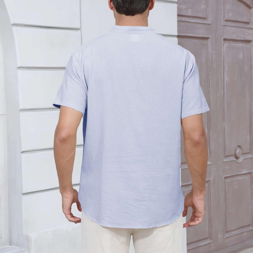 Summer New Men's Lightweight Cotton Linen Short Sleeve Henley Neck T-shirt - Breathable Casual Solid Color Tops Basic Style Tees