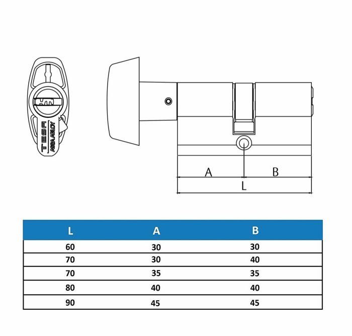 Cylindre de sécurité - Tesa - T65B3040L - 30 x 40 mm - 5 clés en laiton - 6 goupilles anti-chocs