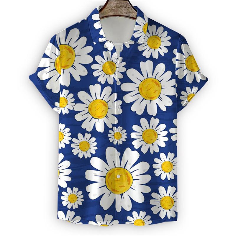Nuova Camicia con Fiori di Margherita da Uomo Stampa 3D Manica Corta Maglietta Top Moda Estiva Harajuku Camicie Bottoni Street Camicetta con Collo a Revers