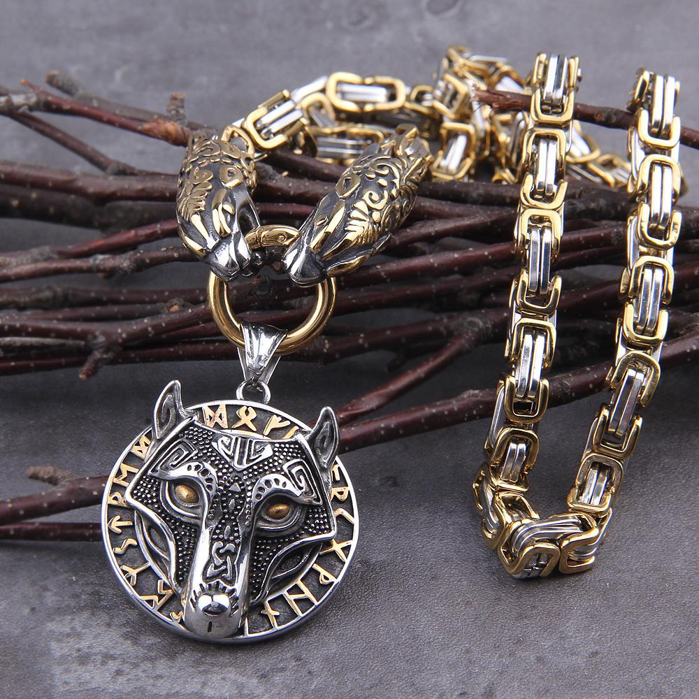 Stainless Steel Wolf Head Norse Viking Amulet Necklace Never Fade Men Thor Hammer Pendant Viking King Chain
