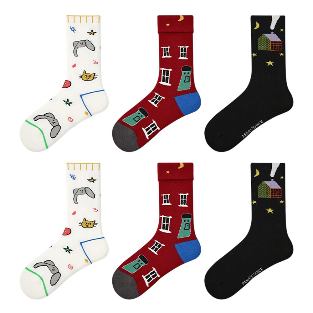 3 Pairs Fashion Cotton Socks Breathable Moisture Wicking Elastic Mid Calf Socks for Women