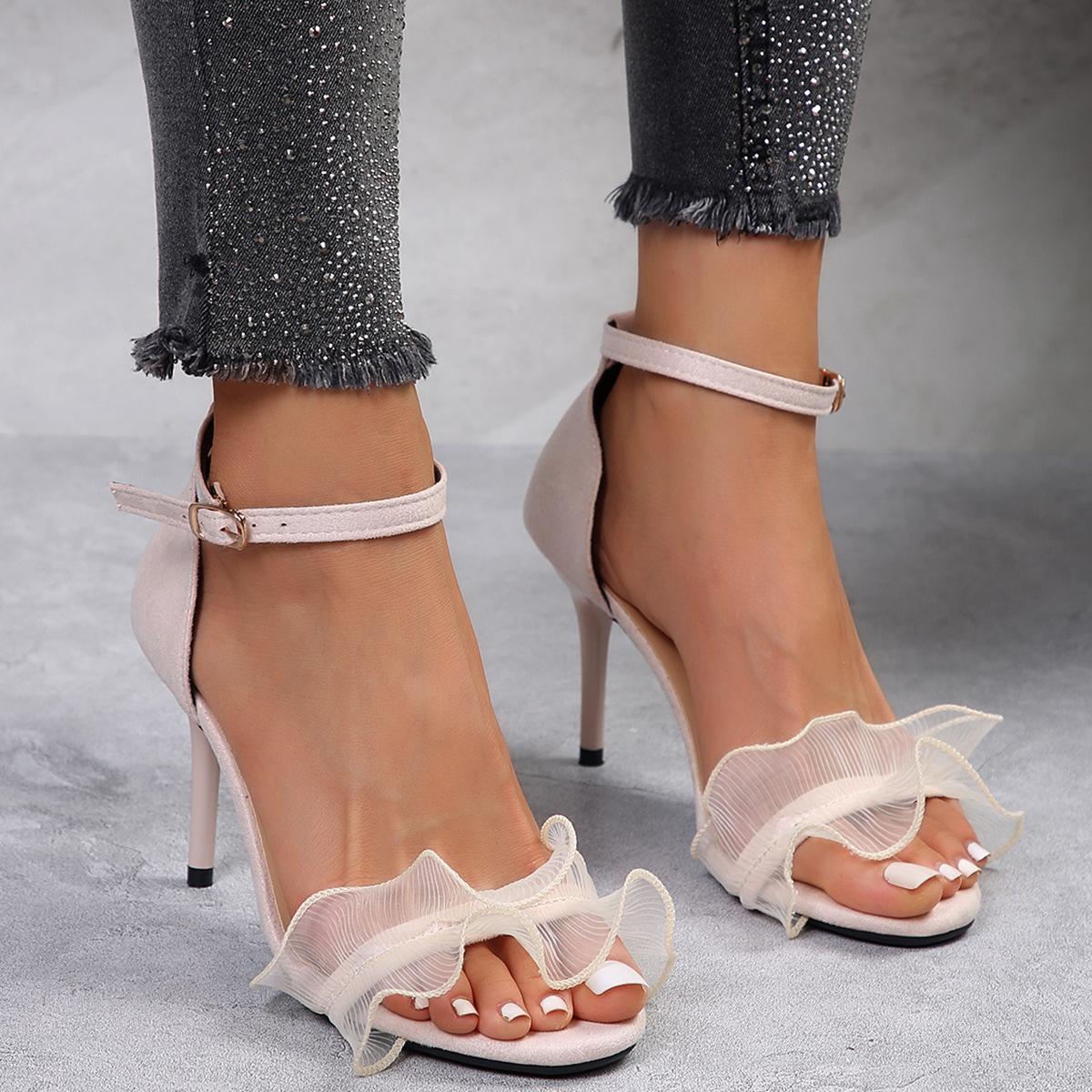

Lace Decoration Black High Heels Sandals 2025 Summer Women Thick Heeled Open Toe Sandals Woman Fashion Ankle Strap Party Shoes 35