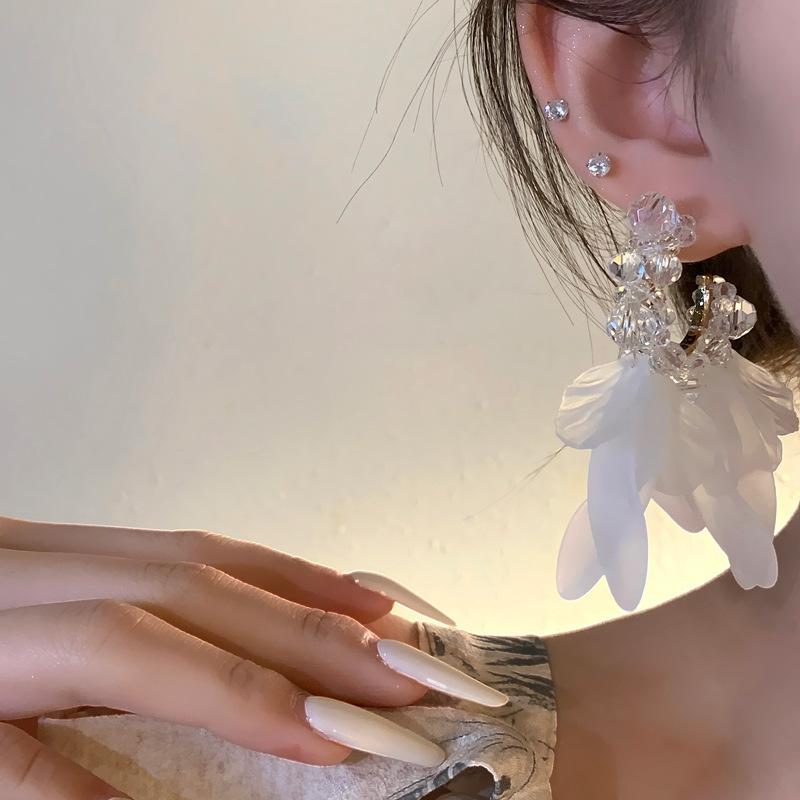 Glass Acrylic Petal Fringed Earrings Fashion Super Fairy Stud Earrings High Sense Personality Temperament Earrings