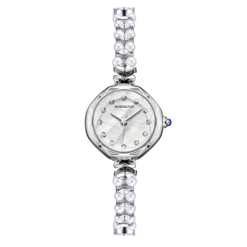 2025 Silver ladies pearl bracelet alloy case rhinestone scale French elegant fashion fairy quartz watch party gift for ladies.
