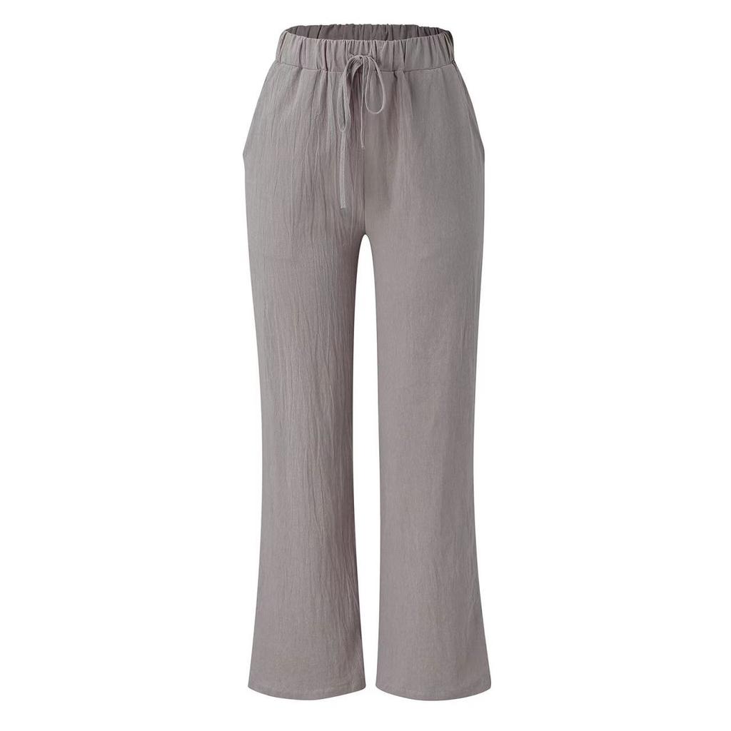 Spring and Summer Women's Pants Cotton Linen Solid Colour Tie Pockets Loose Casual Wide Leg Pants
