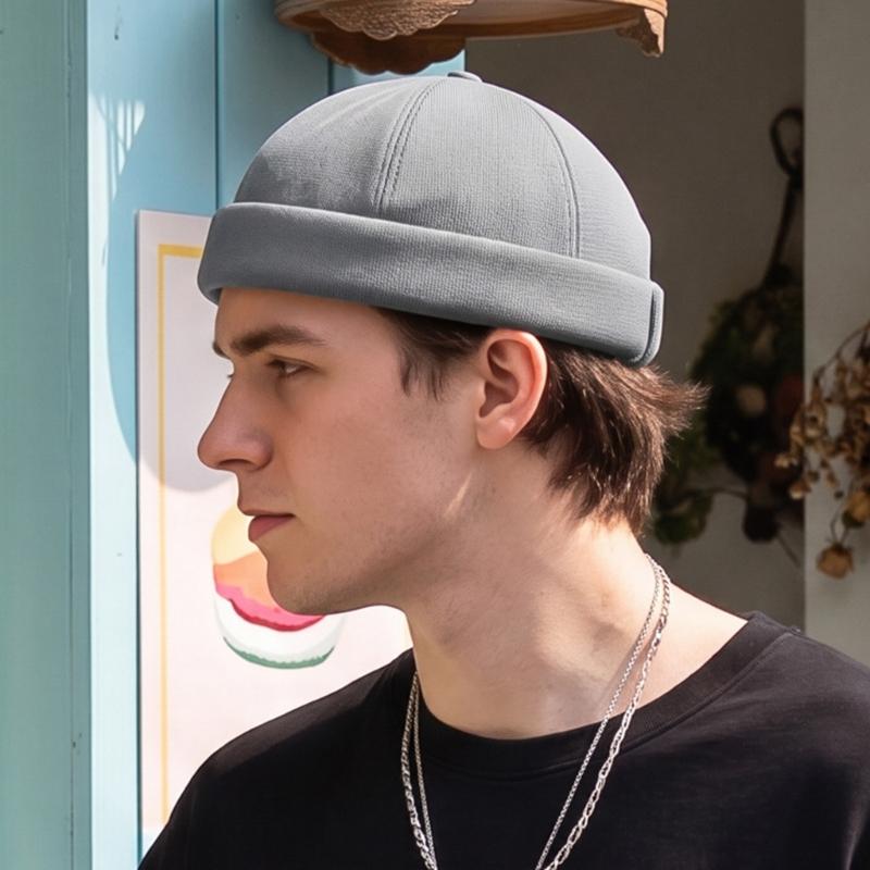 Round Brimless Cap for Casual Outfit Styling, Folded Band Docker Hat with Textured Woven Design, Adjustable Skull Hat for Women Men