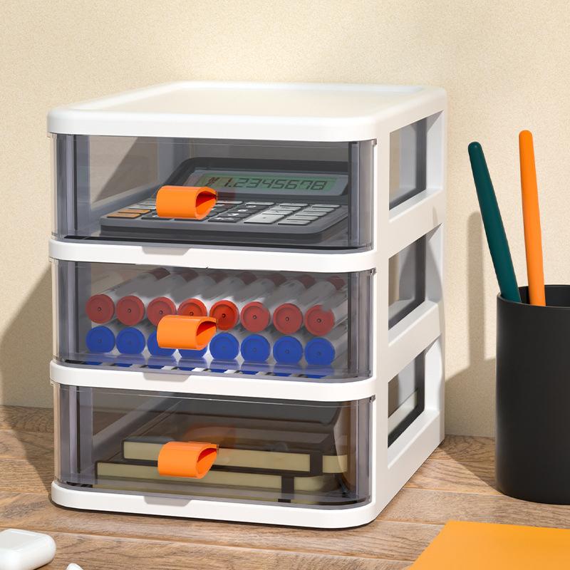 Schreibtisch-Aufbewahrungsbox vom Typ Schublade Transparentes Schreibtisch-Schreibwaren-Organizer mit orangefarbenem Griff 3 Schichten