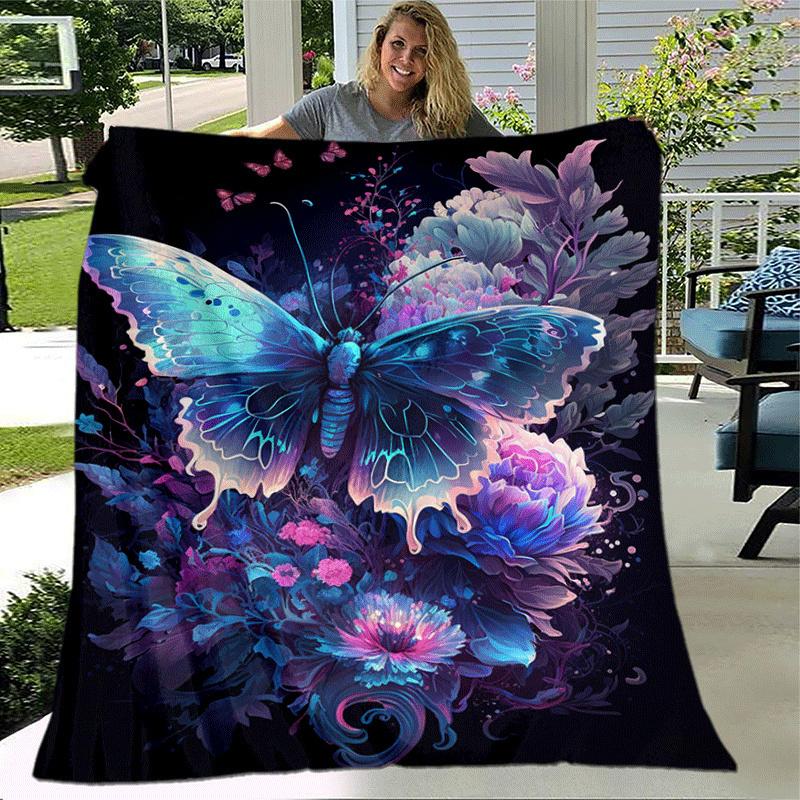 1pc Butterfly Printing Lightweight Flannel Blanket, Comfortable and Warm Blanket, for Camping Sofa Bed and Couch Office, Suitable for Gift Bl