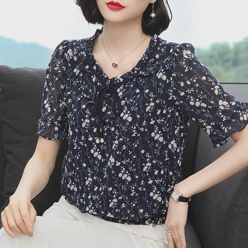 Women's Floral Chiffon Short Sleeve Top - 2023 Summer Loose Style for Moms