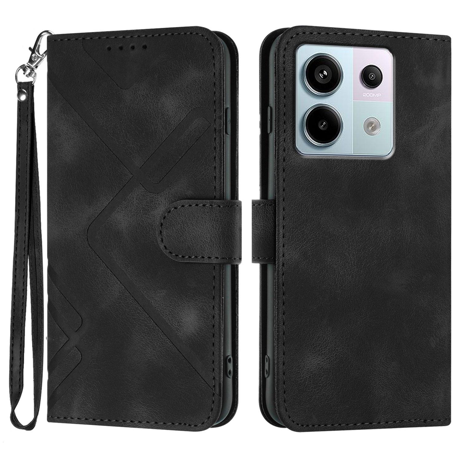 

For Xiaomi Poco X6 5G/Xiaomi Redmi Note 13 Pro 5G Wallet Case Line Imprinted PU Leather Phone Cover with Strap Black