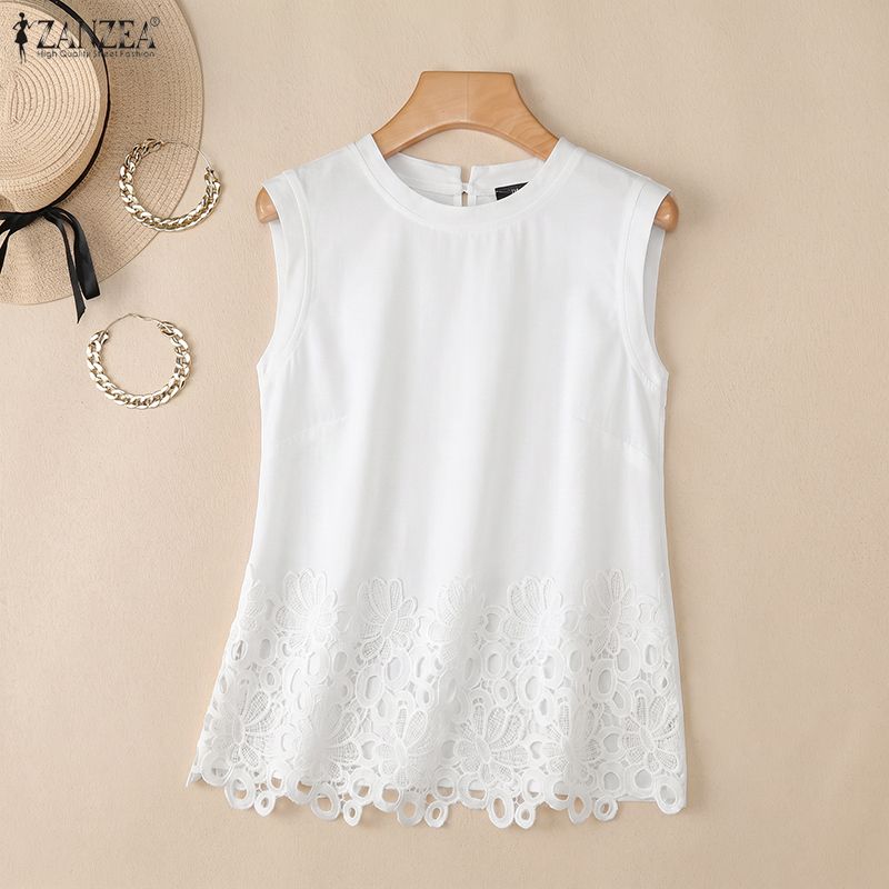 ZANZEA Women Lace Crochet Splice Summer Casual Rpund Neck Sleeveless Tank Tops