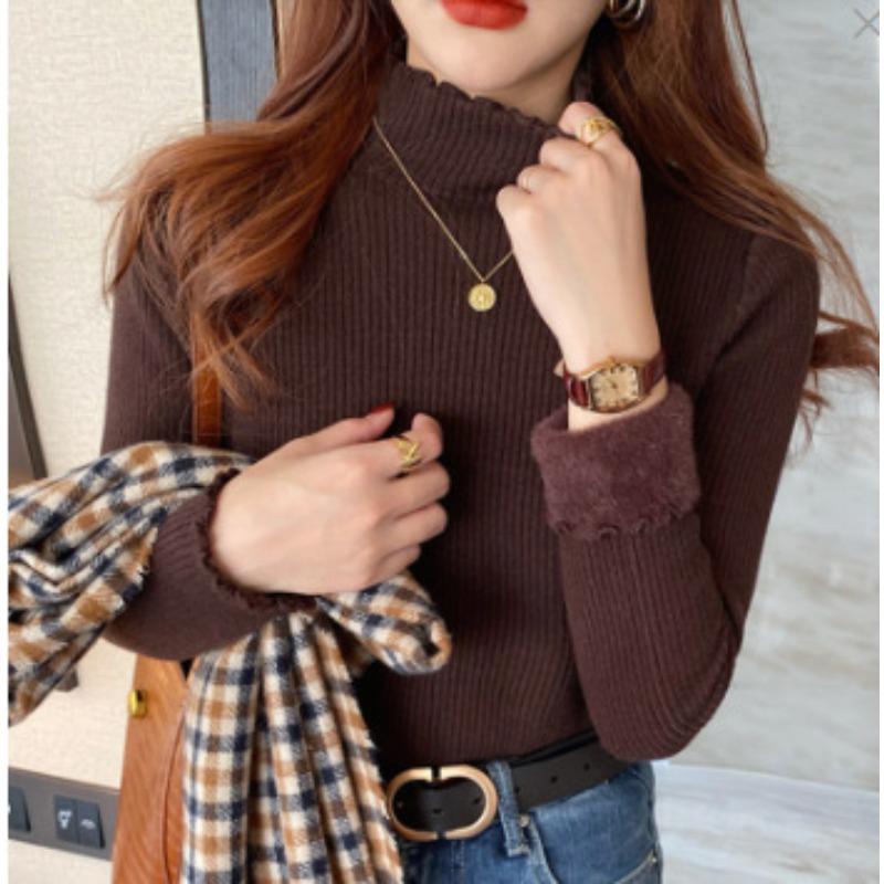Semi-turtleneck White Thickened Fleece Knitted Bottoming Shirt Women's New Autumn and Winter Small Sweater Top