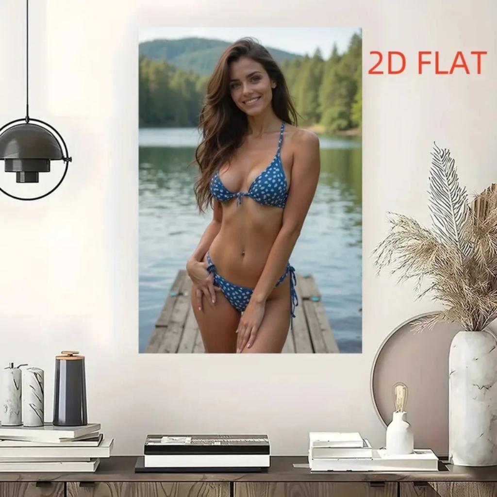 Fashion Lake Bridge Metal Wall Art with Blue Polka Dot Bikini Figure, 12x18 Inch Home Bedroom Decor