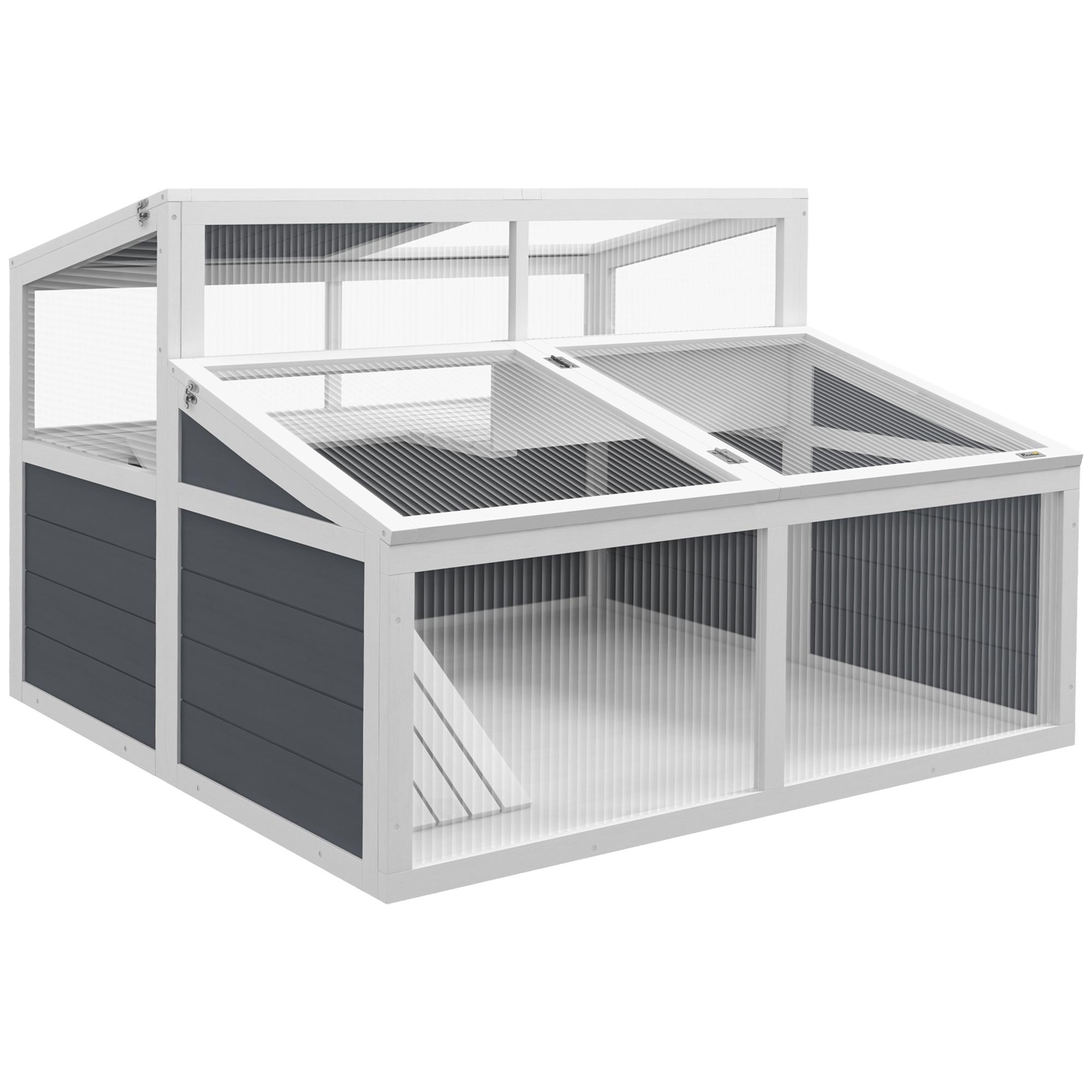 Maison Enclos Cage Pour Petit Animal Tortue Avec 2 Espaces Toit Polycarbonate 3 Portes Rampe 115 X 115 X 82 Cm Gris