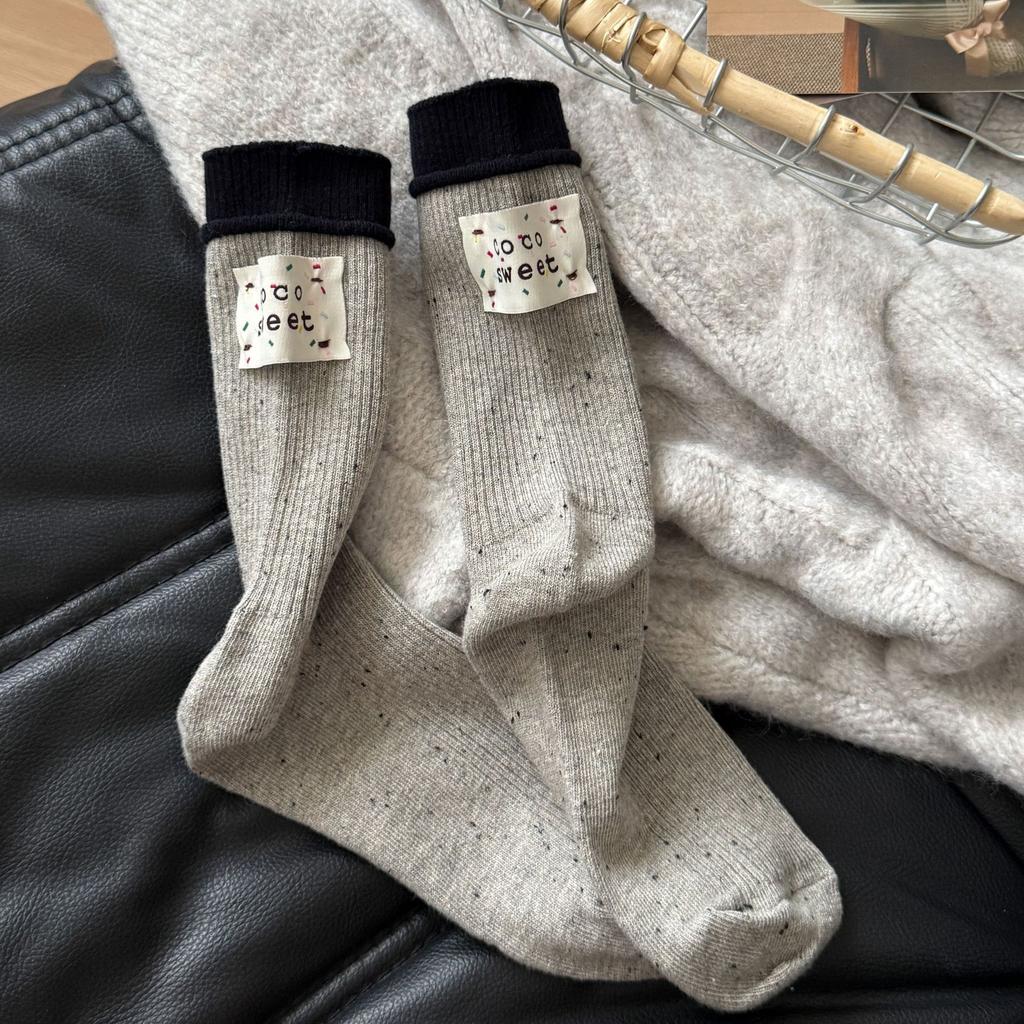 Female Spring and Autumn Retro Color Point Yarn Heel Color Cloth Label in The Tube Pile Socks