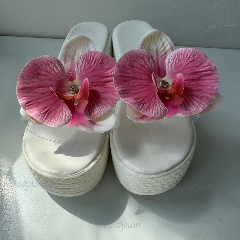 Fashion Flower Decor Wedge Sandals Women 2025 Summer Chunky Platform Beach Slippers Woman Plus Size43 Light Non Slip Outdoor Slides