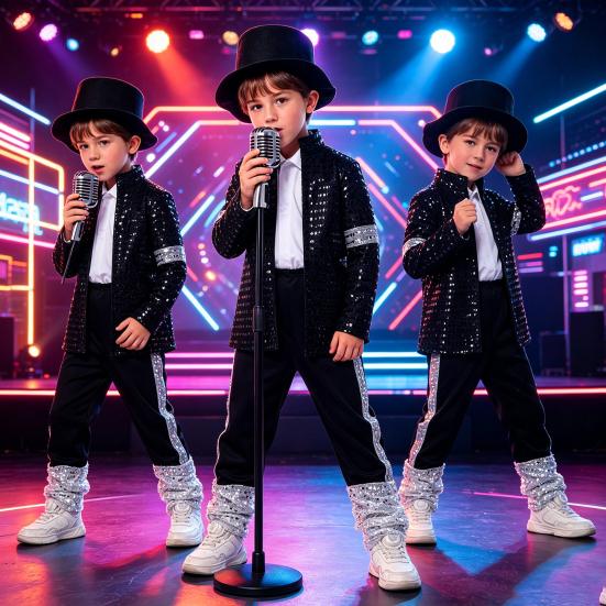 Musician Halloween Costume Set for Kids, Black Sequin Jacket, Trousers, Hat, Gloves, 80s 90s Retro Stage Outfits for Disco Party, Fancy Dress