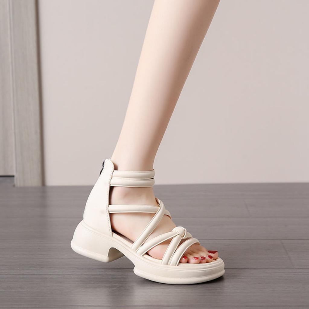 Sandales à plateforme épaisse pour femmes - Bout ouvert, Talon moyen, Design à lacets, Bride réglable, Sandales à plateforme épaisse | Sandales à bride réglable