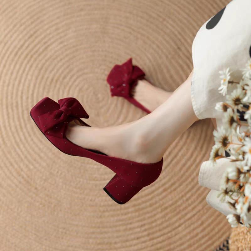Red French-style high-heeled shoes for women, square-toe, elegant shallow-cut with bow, chunky heel pumps