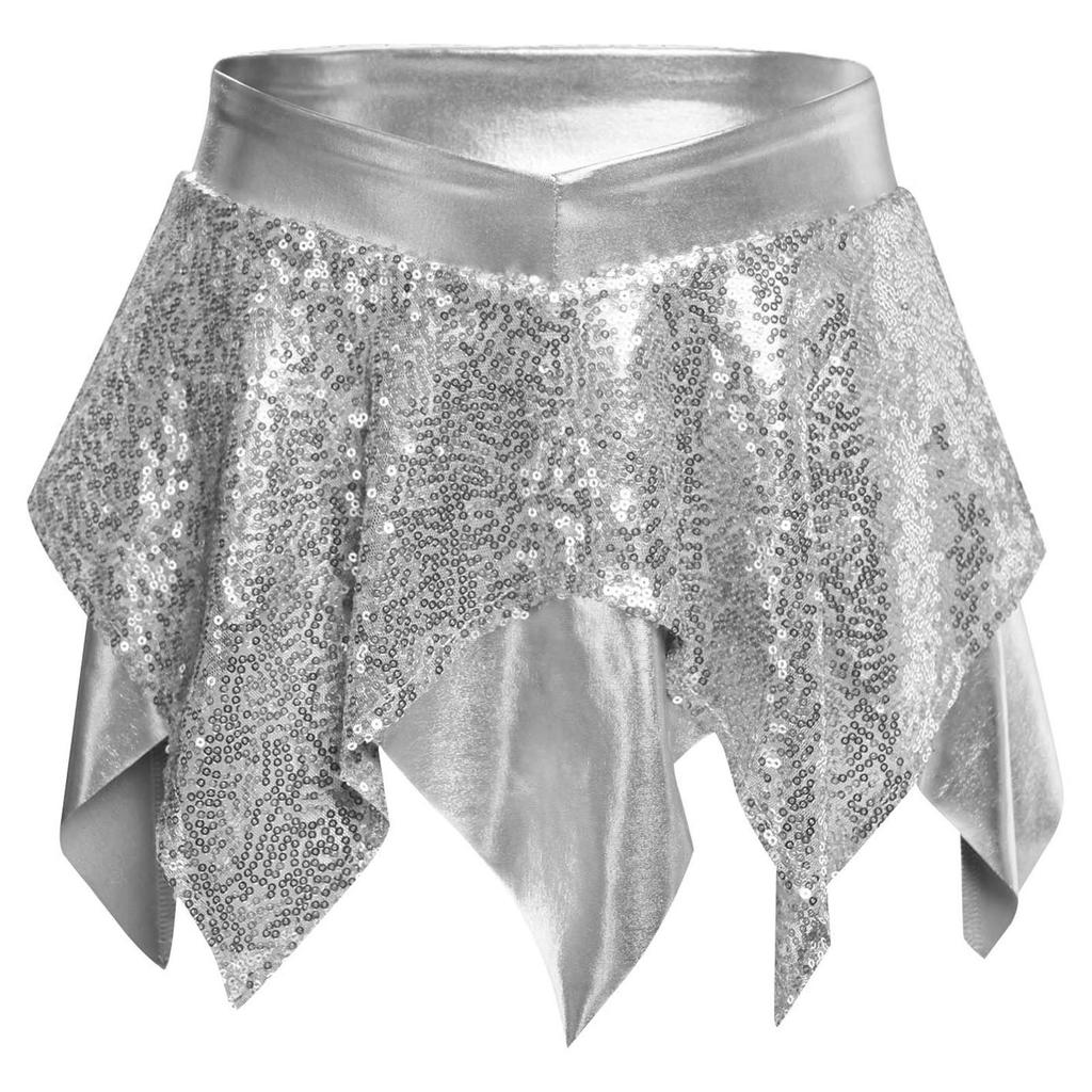 Girls Jazz Dance Costume Sparkly Sequins Metallic Asymmetric Skirt Performance Dancewear