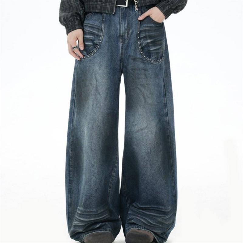 Mens Straight Leg Jeans High Street Punk Distressed Denim Pants With Rivets Pockets Casual