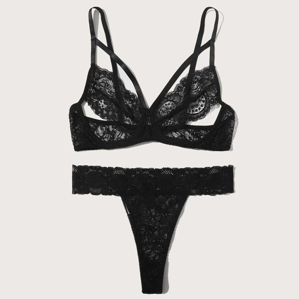 Nytt Kvinner Plus Size Blondeundertøy BH+Thong Undertøysett Svart natttøy