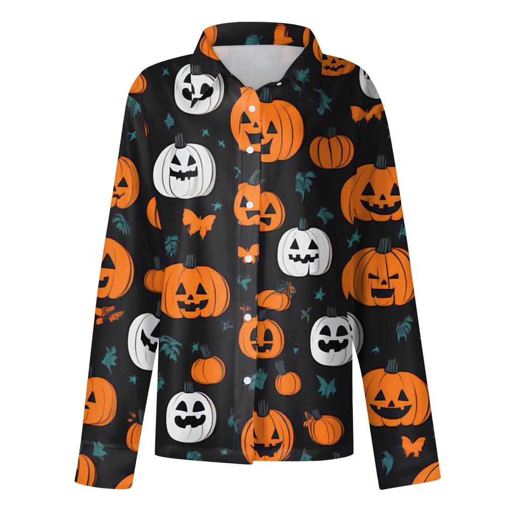 Damen Hemd Bluse Halloween Print Knopf Langarm Lässig Basic Hemdkragen Regulär Top