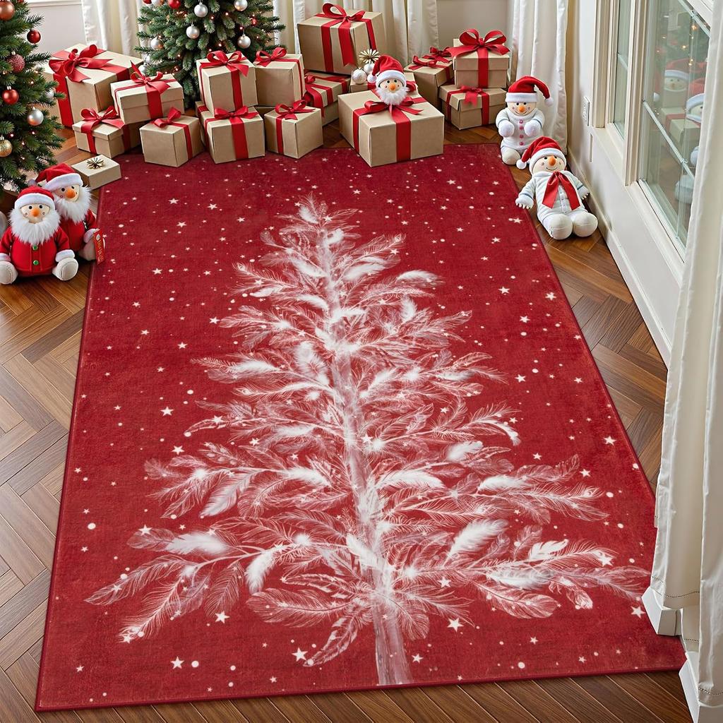 Christmas Rug Washable Area Rugs Red Room Rugs for Bedroom Non-Slip Living Room Carpet Christmas Tree Carpet Rugs for Kitchen