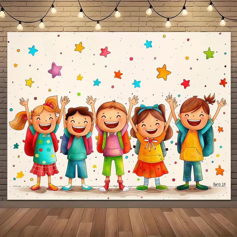 2D Whimsical Happy Students Backdrop for Back to School Events